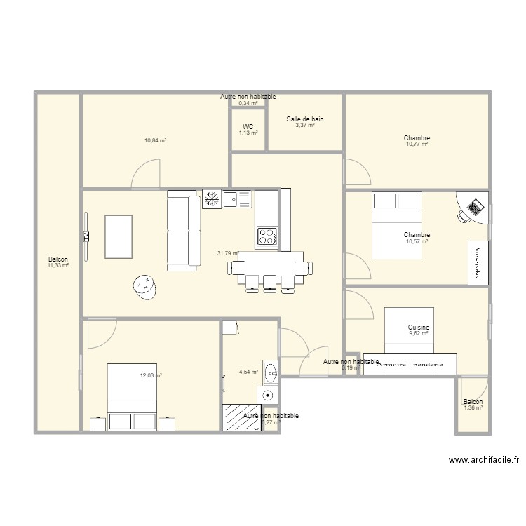 Appartement modifié. Plan de 14 pièces et 108 m2