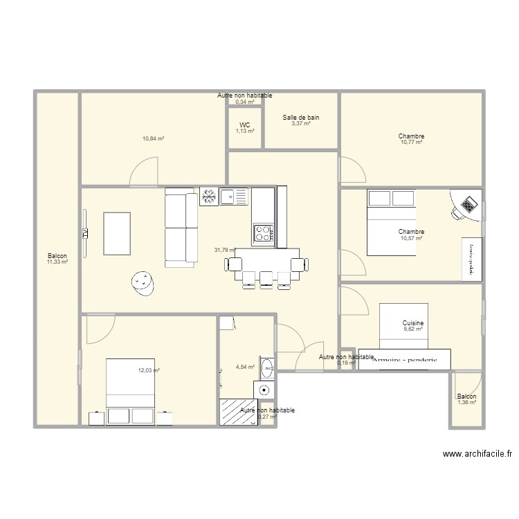 Appartement modifié. Plan de 14 pièces et 108 m2