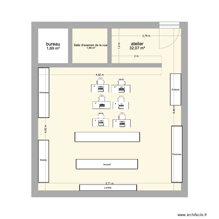magasin d'optique. Plan de 3 pièces et 36 m2