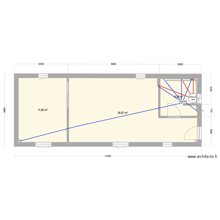 plomberie. Plan de 3 pièces et 43 m2