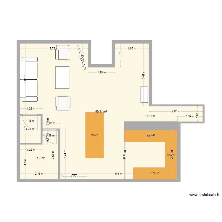 TETE DE GLAND. Plan de 3 pièces et 56 m2