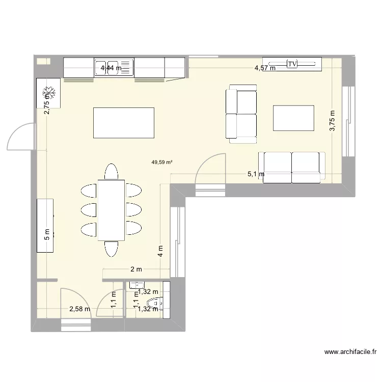 Pi&egrave;ce de vie solution 4. Plan de 1  et 50 m²
