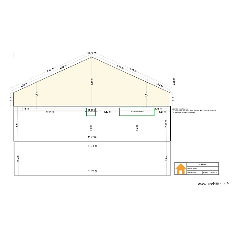 façade arrière. Plan de 2 pièces et 60 m2