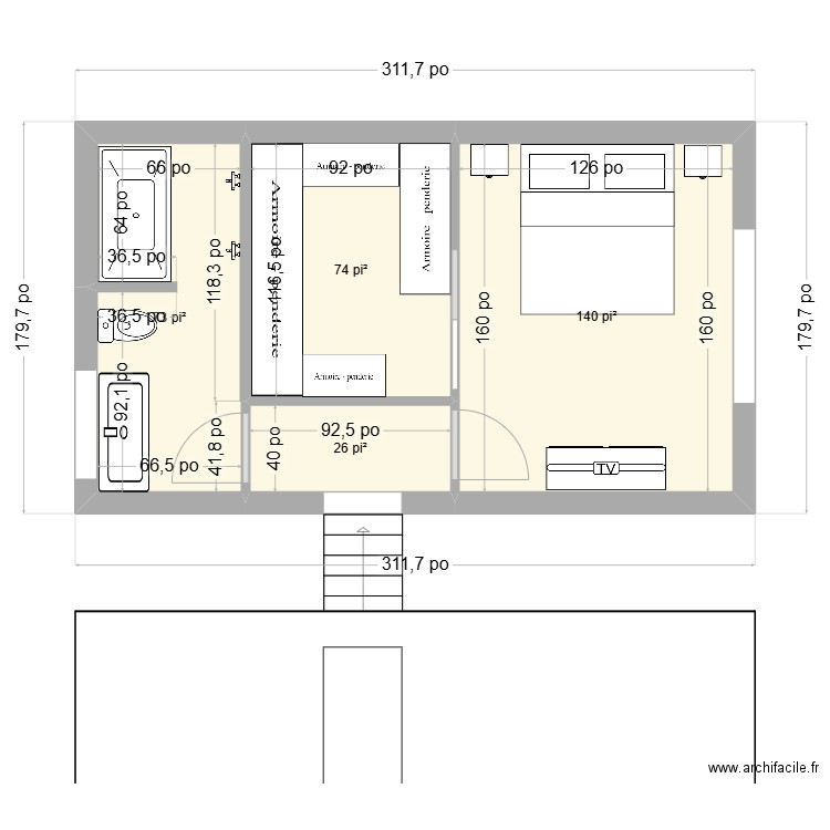 Existant. Plan de 3 pièces et 29 m2