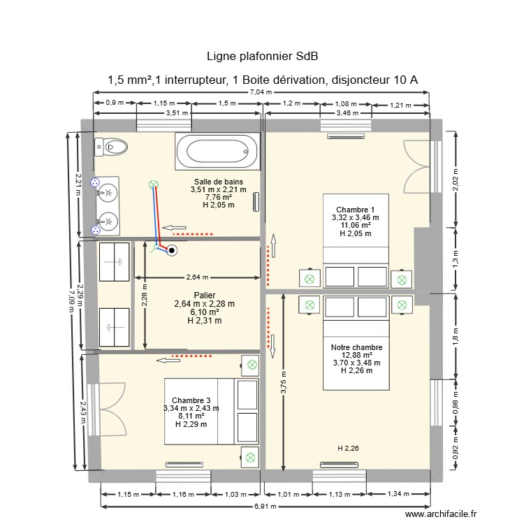 Ligne plafonnier SdB. Plan de 0 pièce et 0 m2