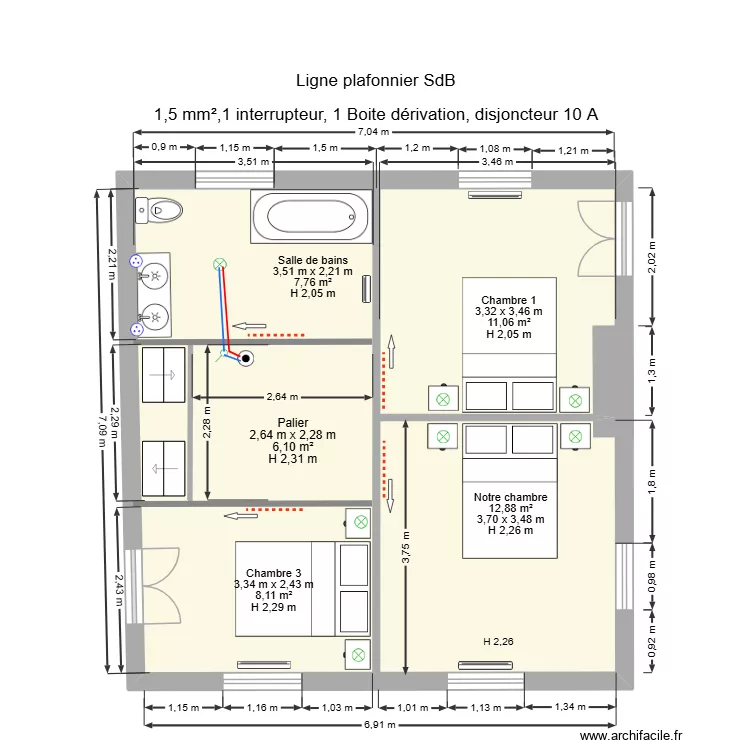 Ligne plafonnier SdB. Plan de 1 pièce et 50 m²