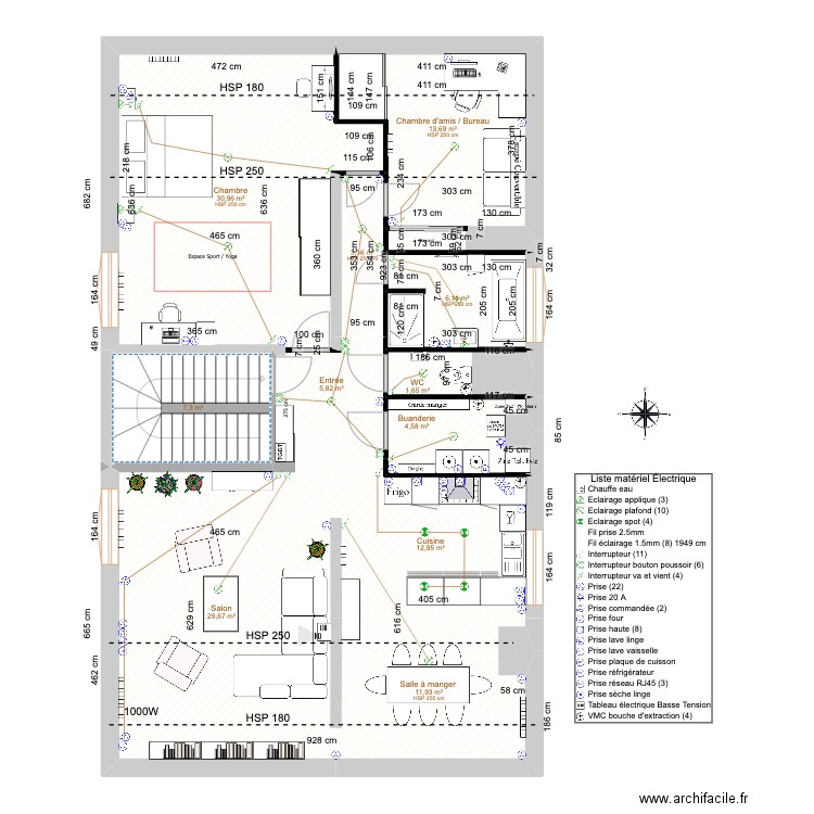 PLAN D'ARCHITECTURE Ameublement Coté. Plan de 11 pièces et 128 m2