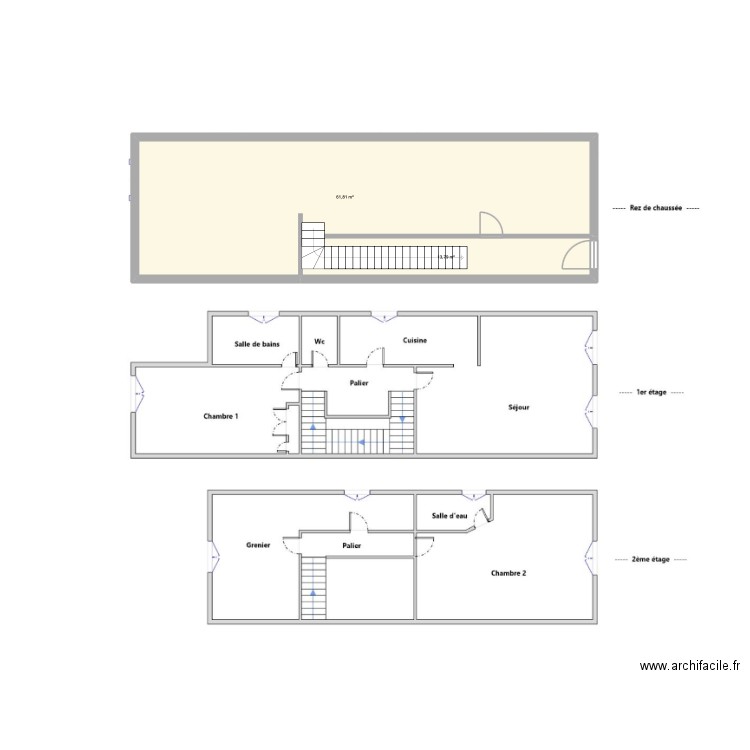 Laurière. Plan de 2 pièces et 76 m2