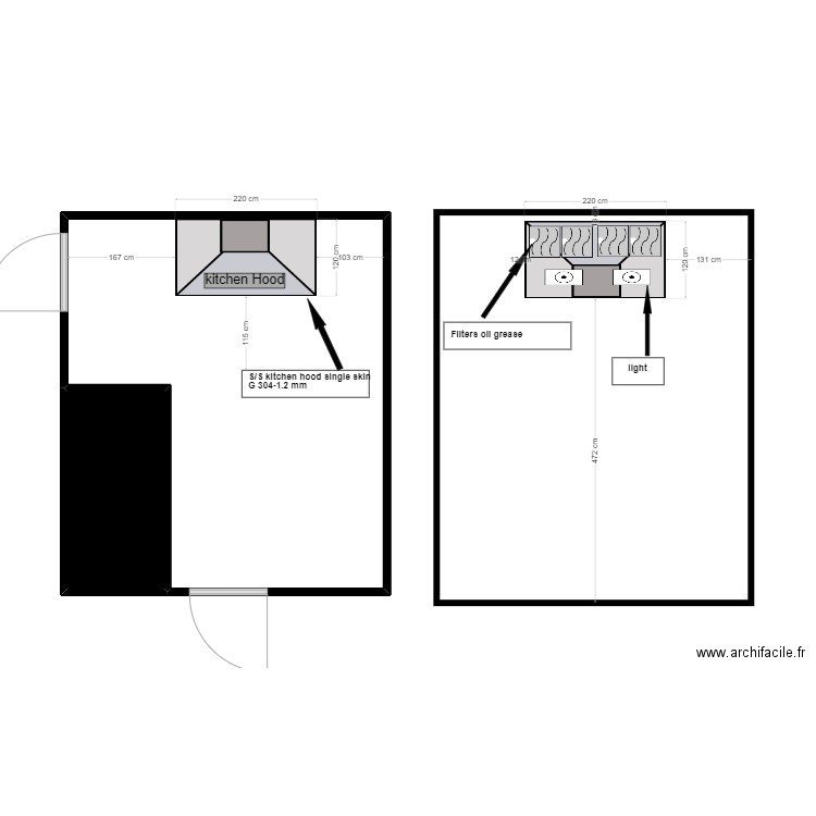 hug cafe kitchen hood. Plan de 2 pièces et 28 m2