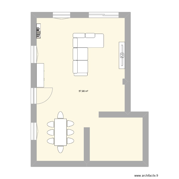 rdc. Plan de 1 pièce et 58 m2