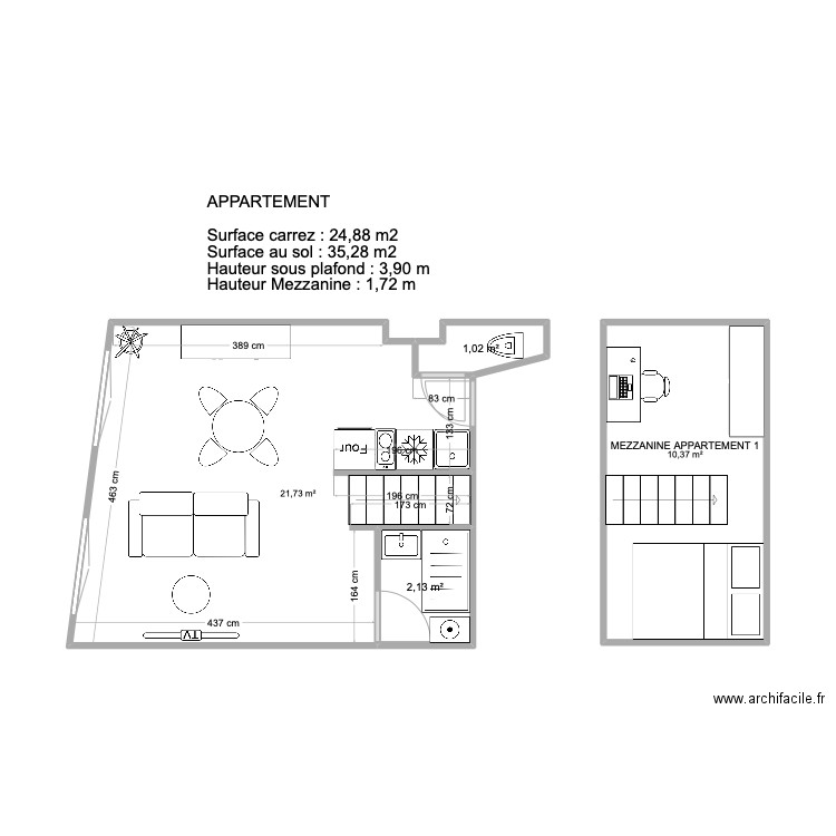 appartement n1 CELU AMENAGEMENT. Plan de 4 pièces et 35 m2