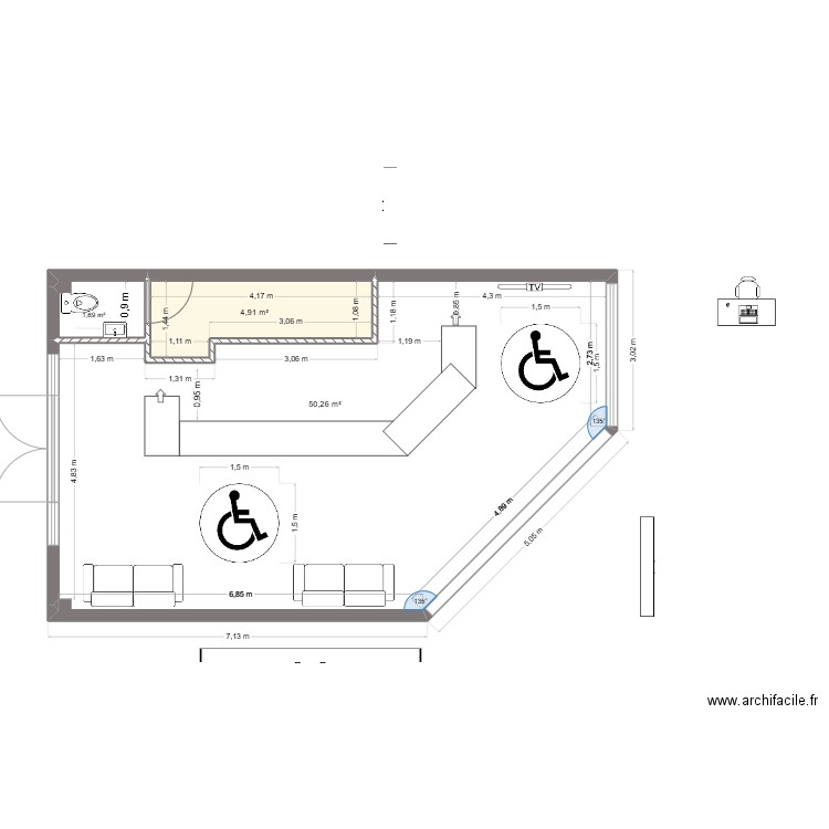 magasin. Plan de 3 pièces et 57 m2