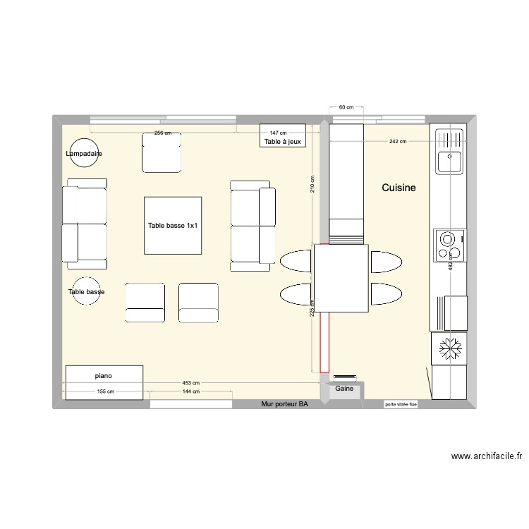 Cuisine en  double I + table en bas. Plan de 3 pièces et 33 m2