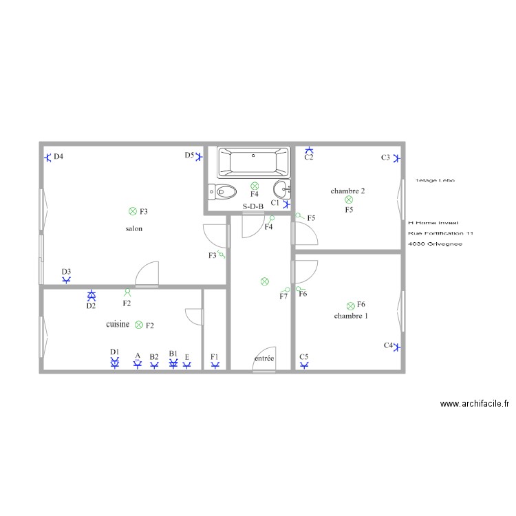 1etage levo. Plan de 7 pièces et 45 m2
