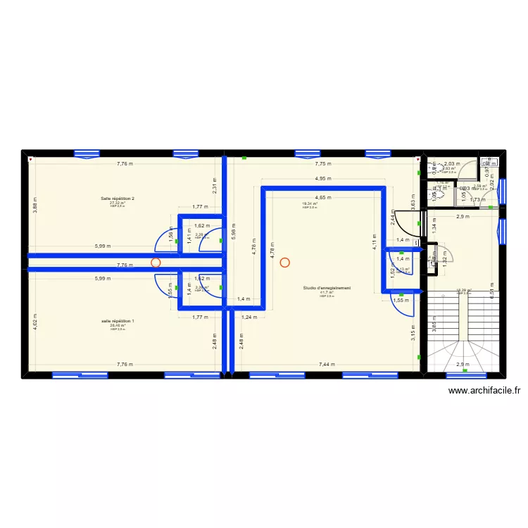 MJ music studio - r+1 &eacute;tat projet&eacute; V3. Plan de 14  et 151 m²