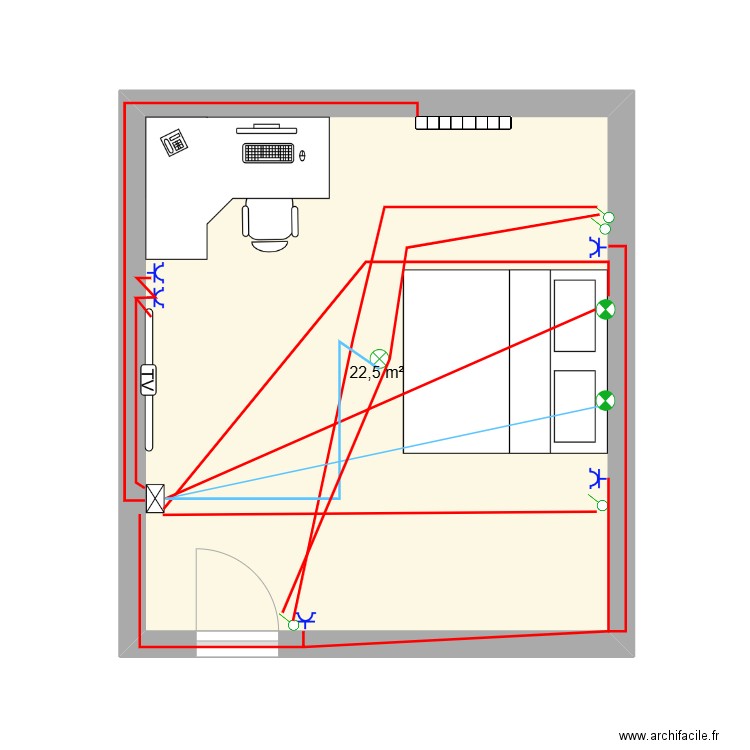 chambre. Plan de 1 pièce et 23 m2
