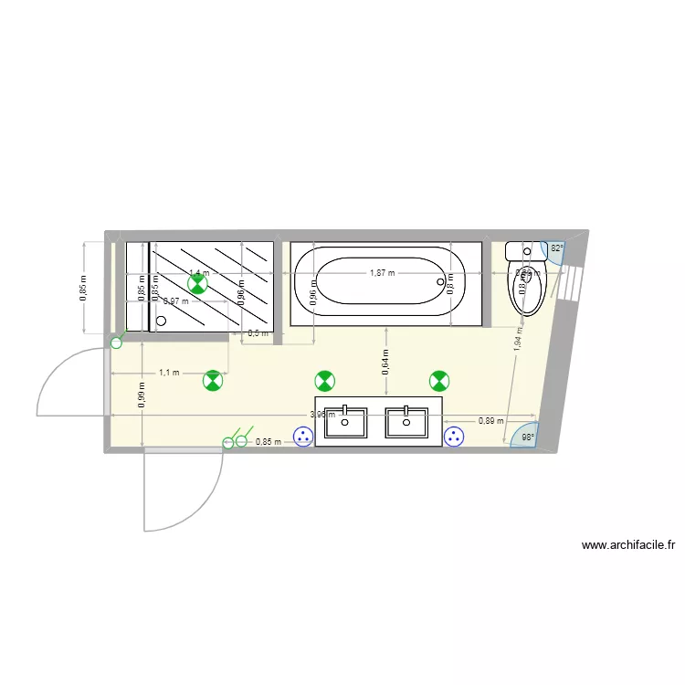 Hauguel Sdb implantation &eacute;lectrique. Plan de 2  et 8 m²