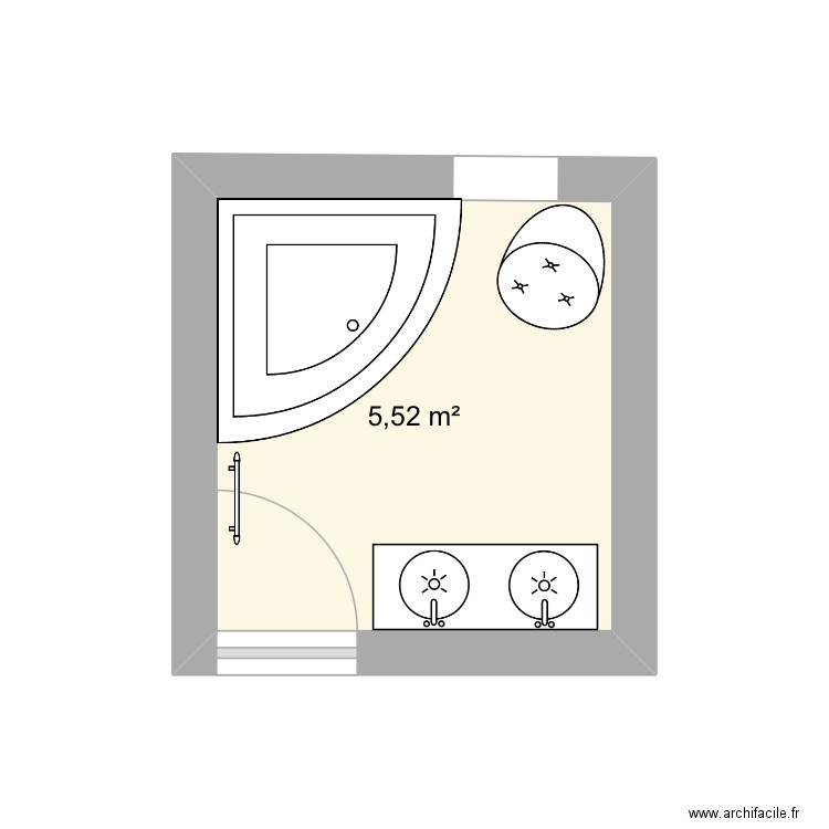 Salle de bain baignoire angle. Plan de 1 pièce et 6 m2