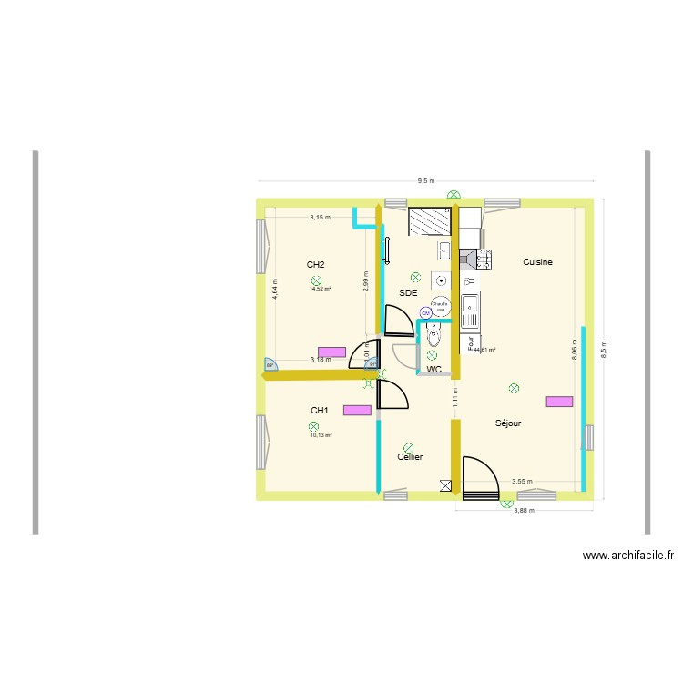 Pibrac Disposition Plomberie. Plan de 3 pièces et 69 m2