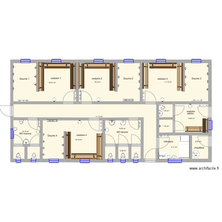 vestiaire. Plan de 13 pièces et 118 m2
