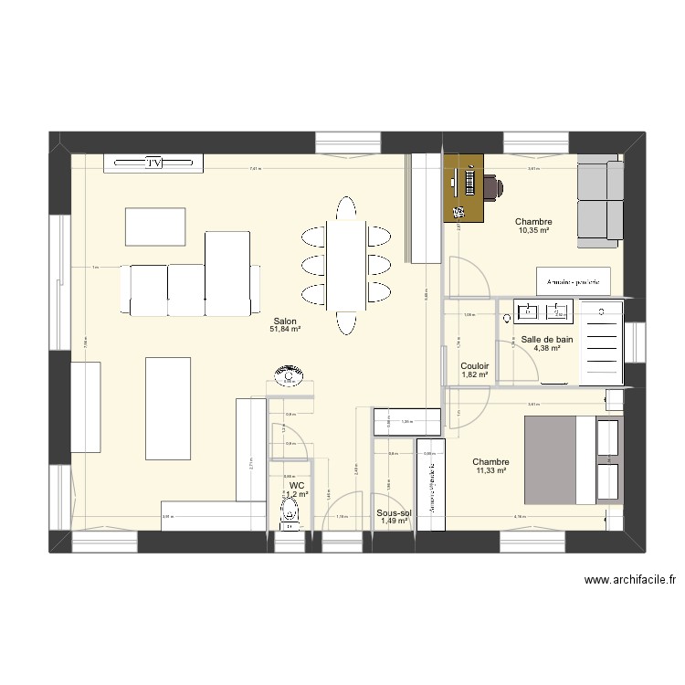 Plan à la cote avec agrandissement + aménagement. Plan de 7 pièces et 82 m2