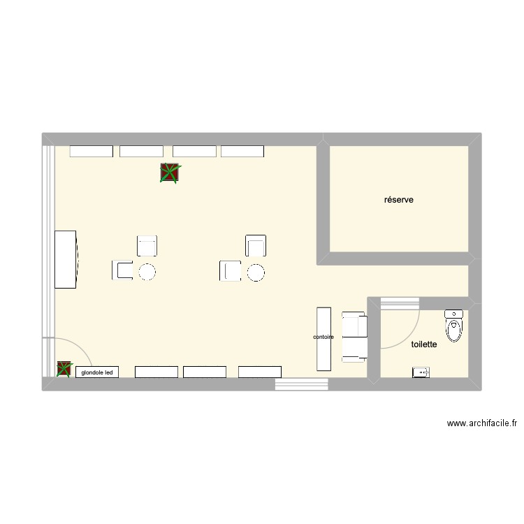 magasin. Plan de 3 pièces et 38 m2
