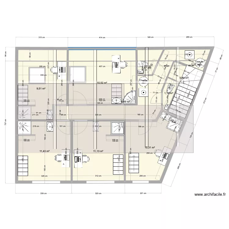 etage avec salles d'eau apr&egrave;s mezzanine. Plan de 