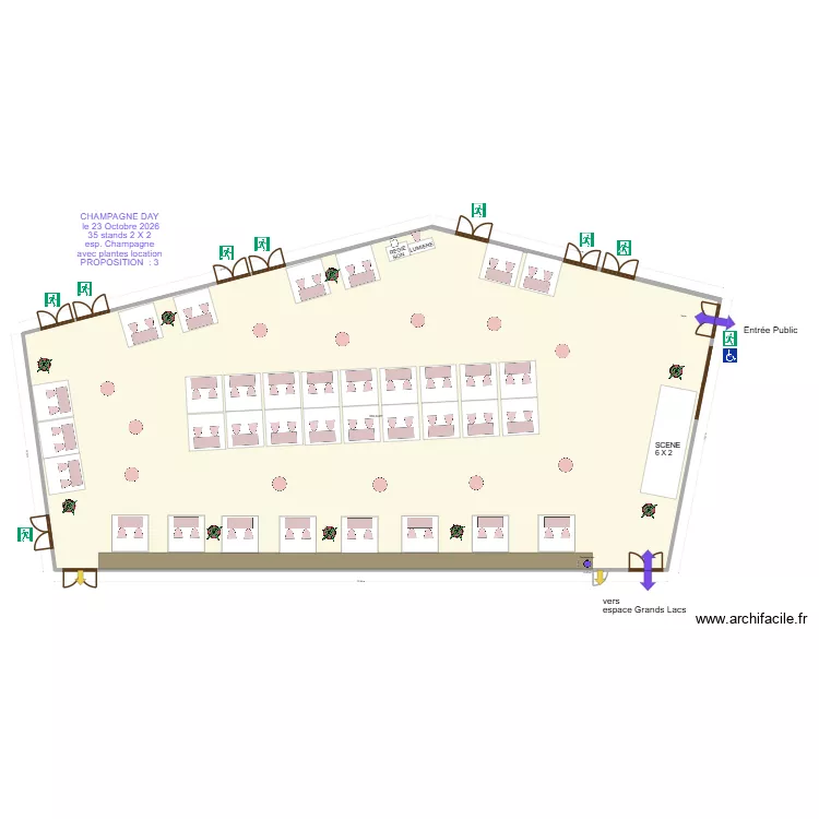 CHAMPAGNCHAMPAGNE DAY  le 23 Octobre 2026 35 stands 2 X 2 esp. Champagne avec plantes location PROPOSITION  : 3. Plan de 1  et 584 m²