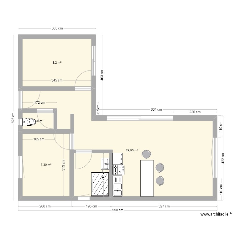 Module 50m² cote. Plan de 4 pièces et 47 m2