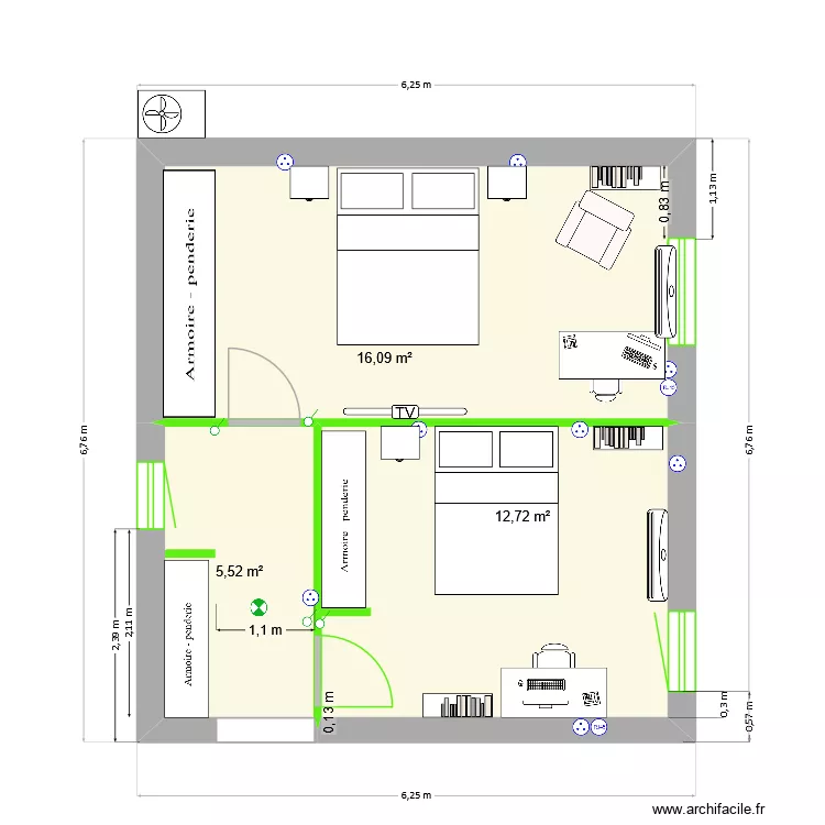 Archive_PlanChambresP&C+Lucas_AvecMeubles. Plan de 3  et 34 m²
