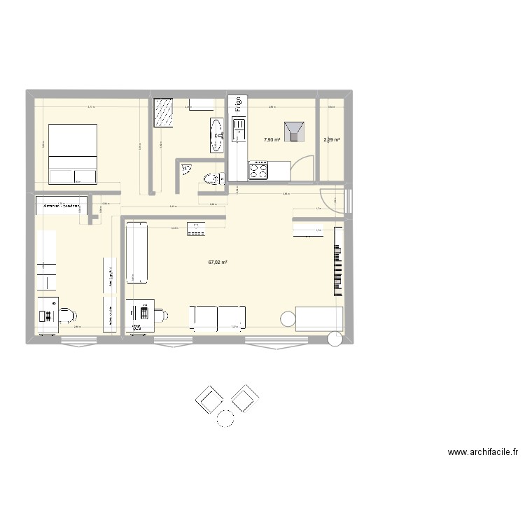 the poele. Plan de 3 pièces et 77 m2