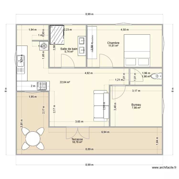 Maison bois 1. Plan de 6  et 68 m²