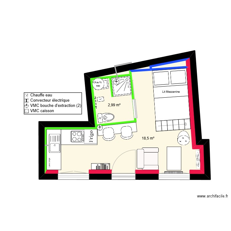 Appartement 1 Ameublement. Plan de 3 pièces et 27 m2