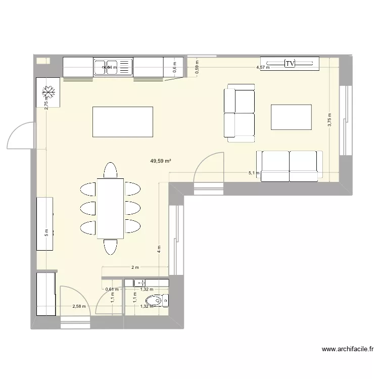 Pi&egrave;ce de vie solution 3. Plan de 1  et 50 m²
