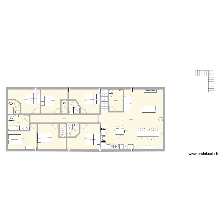 GRENIER PREAU. Plan de 16 pièces et 194 m2