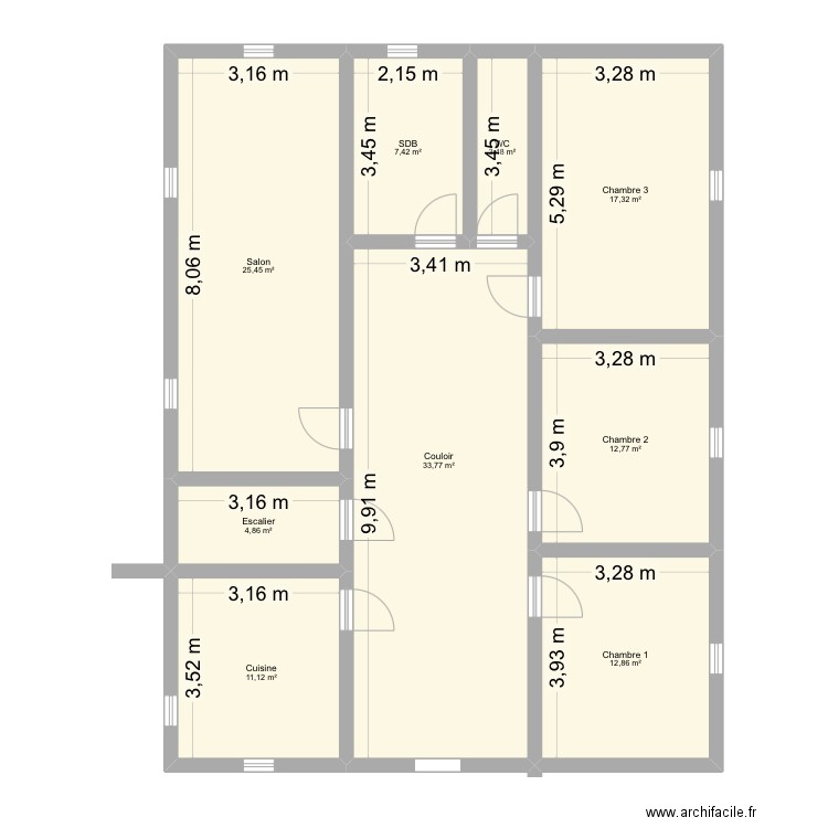 3 chambres. Plan de 9 pièces et 129 m2