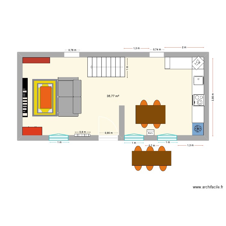 Salon pigeon - Version péninsule. Plan de 1 pièce et 36 m2