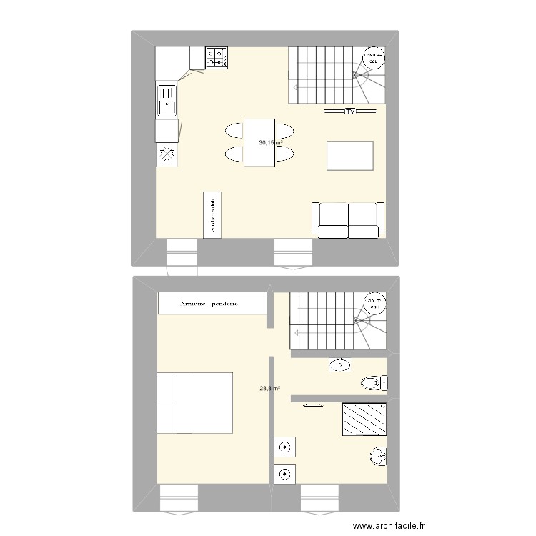 petite maison . Plan de 2 pièces et 59 m2