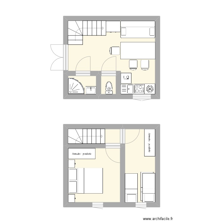 Cottage 2 chambre / RdC. Plan de 4 pièces et 35 m2