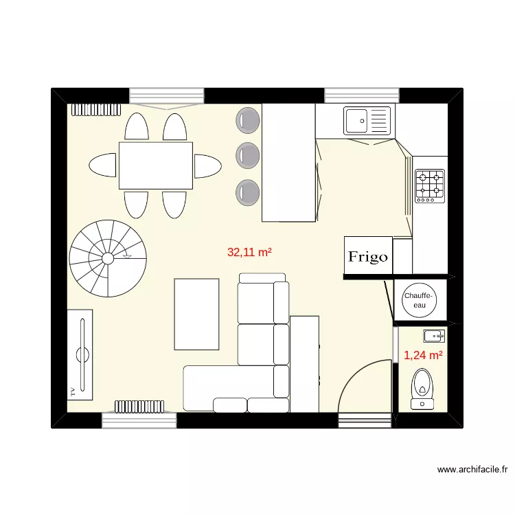 plan rez de chauss&eacute;e. Plan de 2 pièces et 33 m²