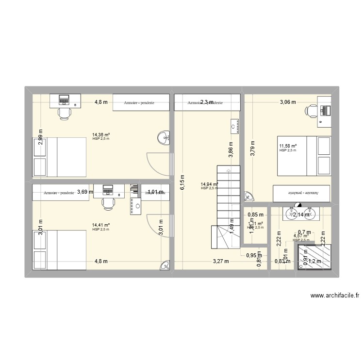 Combles Proissans 1. Plan de 6 pièces et 61 m2