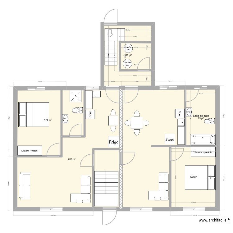 Sous-sol existant (2 logement). Plan de 5 pièces et 73 m2