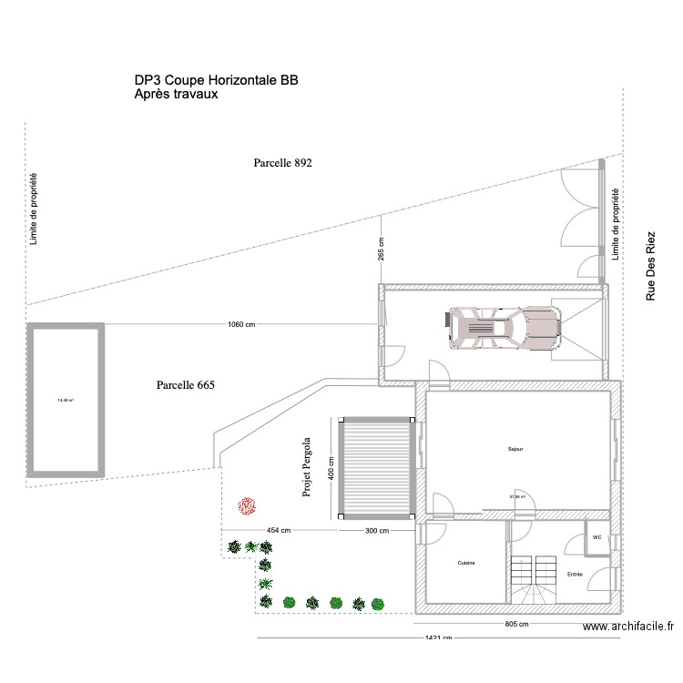 DP3 Coupe BB vue de dessus. Plan de 2 pièces et 72 m2