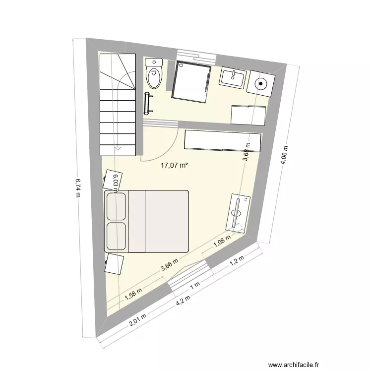 2 lib&eacute;ration 1er. Plan de 1  et 17 m²