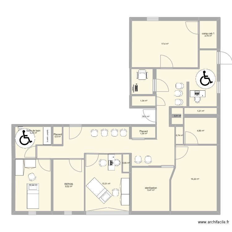 3cab. Plan de 17 pièces et 135 m2