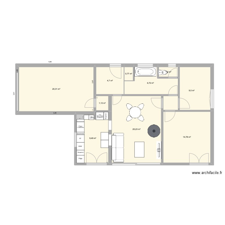Cuisine sans ouverture. Plan de 10 pièces et 89 m2