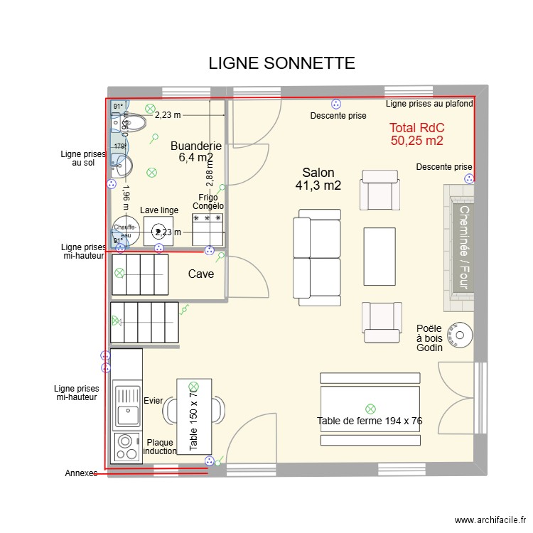 Electricité ligne sonnette. Plan de 3 pièces et 50 m2