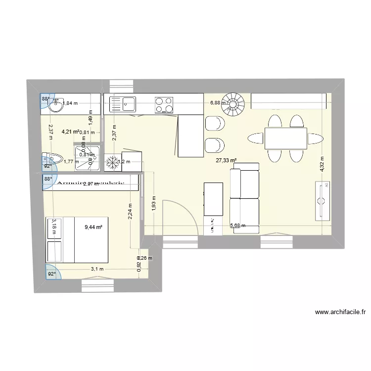 maison michel servet amenagement bas 1. Plan de 3  et 41 m²