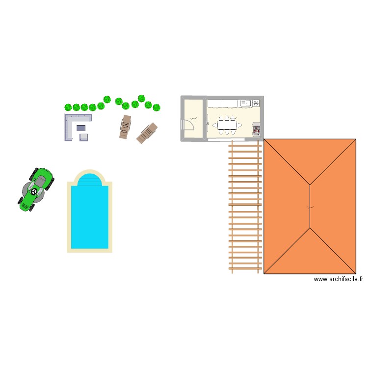 Cuisine d'été 1. Plan de 3 pièces et 90 m2