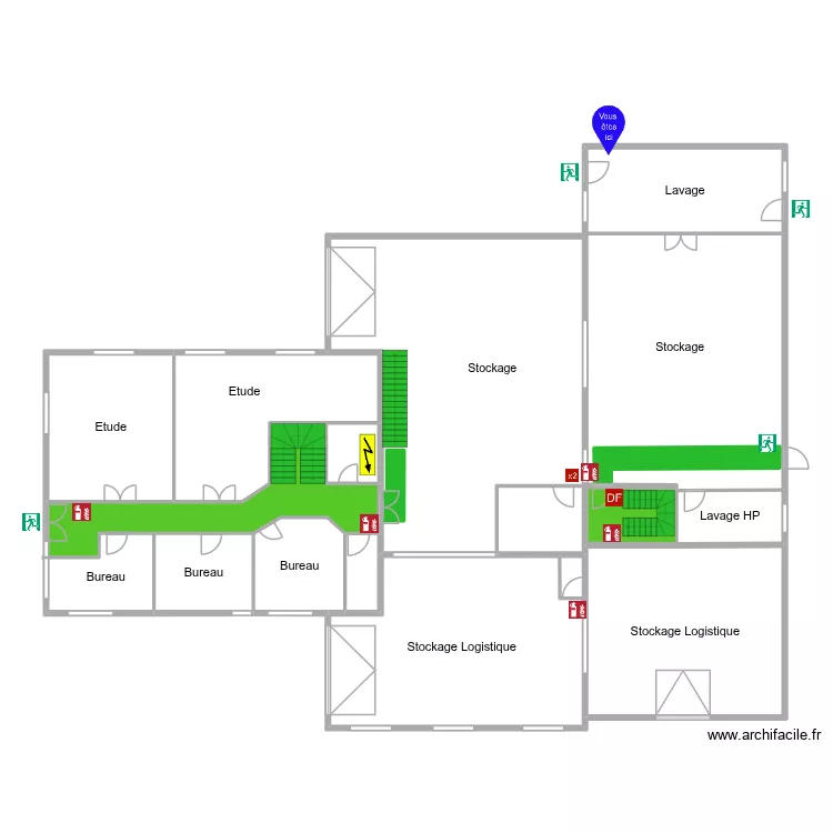 Plan d'&eacute;vacuation - Salle de lavage - Agence Toulouse RDC de face. Plan de 